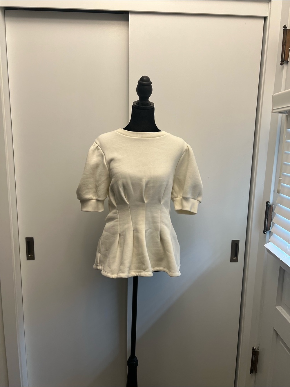 Maeve Cream Puff-Sleeve Peplum Sweatshirt